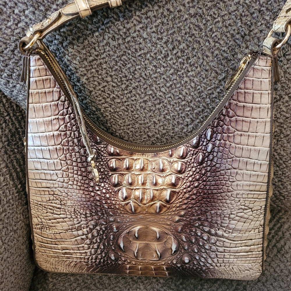 Brahmin Croc-Embossed Espresso Ombre Shoulder Bag in Brown and Tan